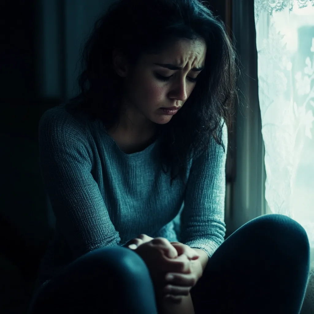 A person sitting alone in a dimly lit room, showing signs of emotional distress
