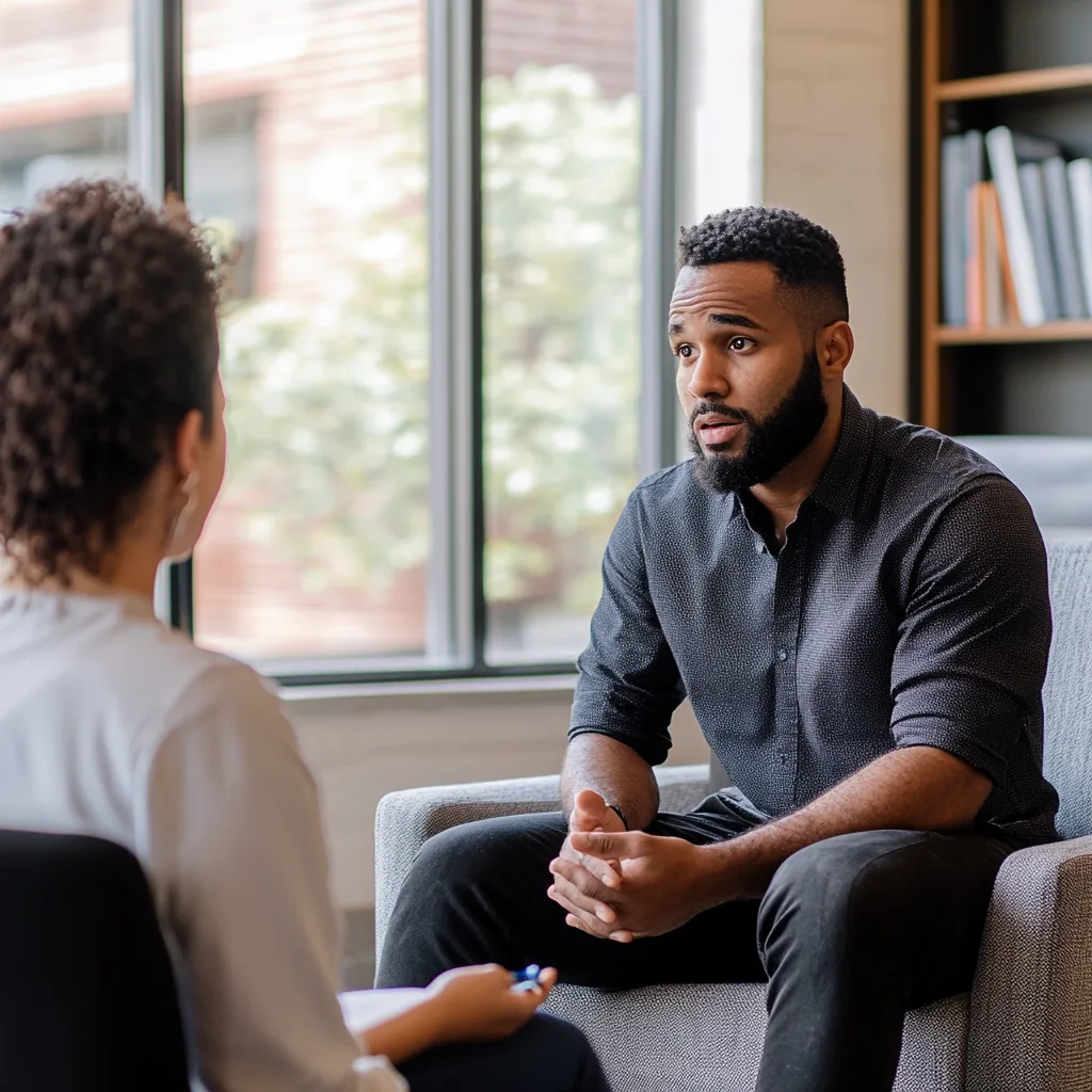 a therapist and patient engaged in a therapy session focused on cognitive behavioral therapy