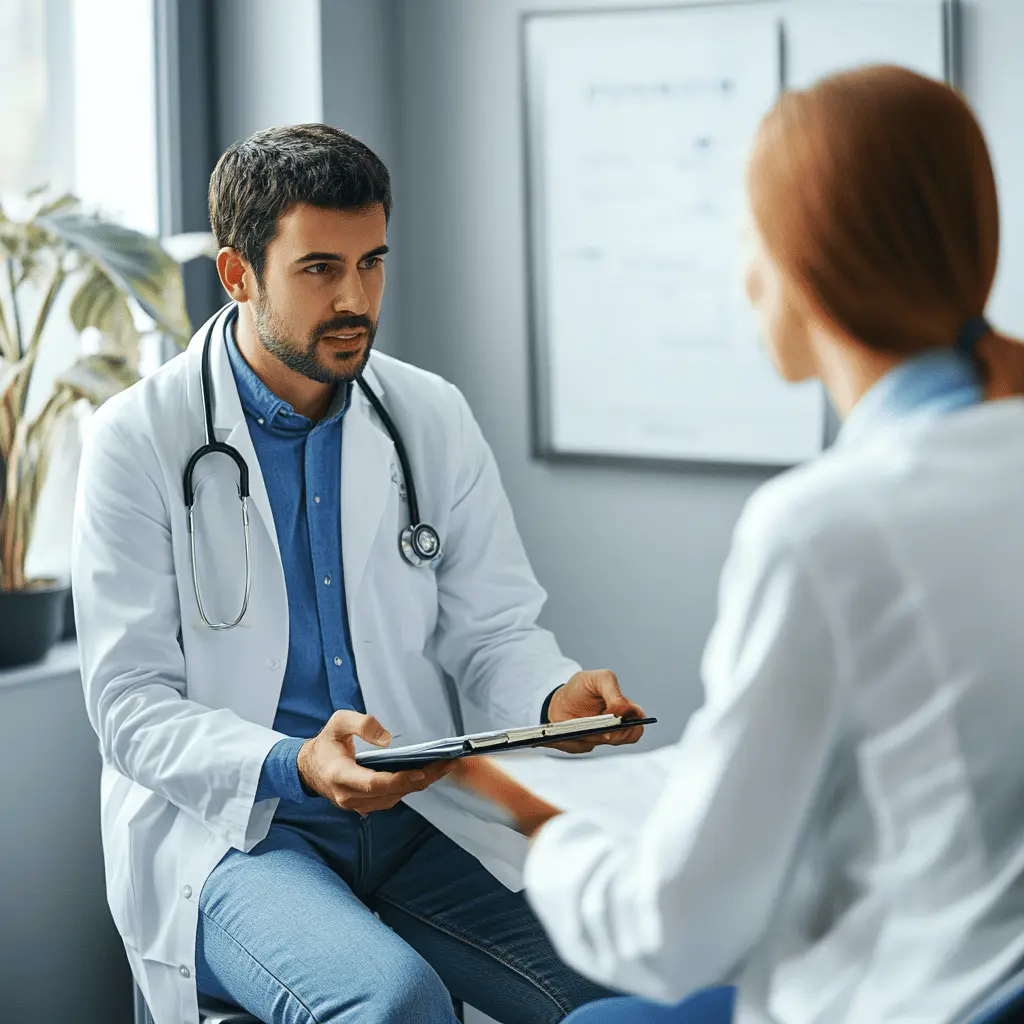 Male doctor discussing medical notes with a female colleague in a modern clinic