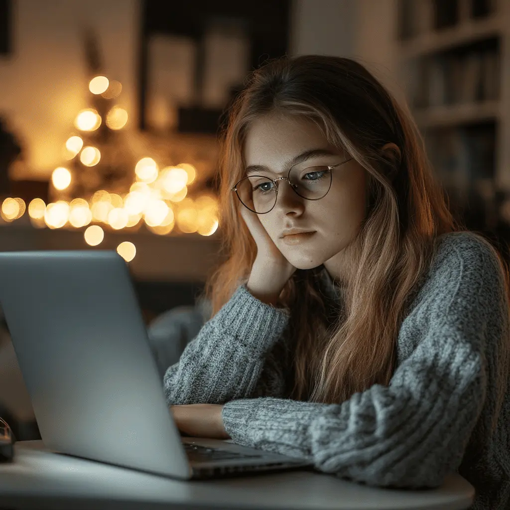 Close-up of a girl with glasses, looking at a laptop with a contemplative expression, surrounded by warm ambient light.