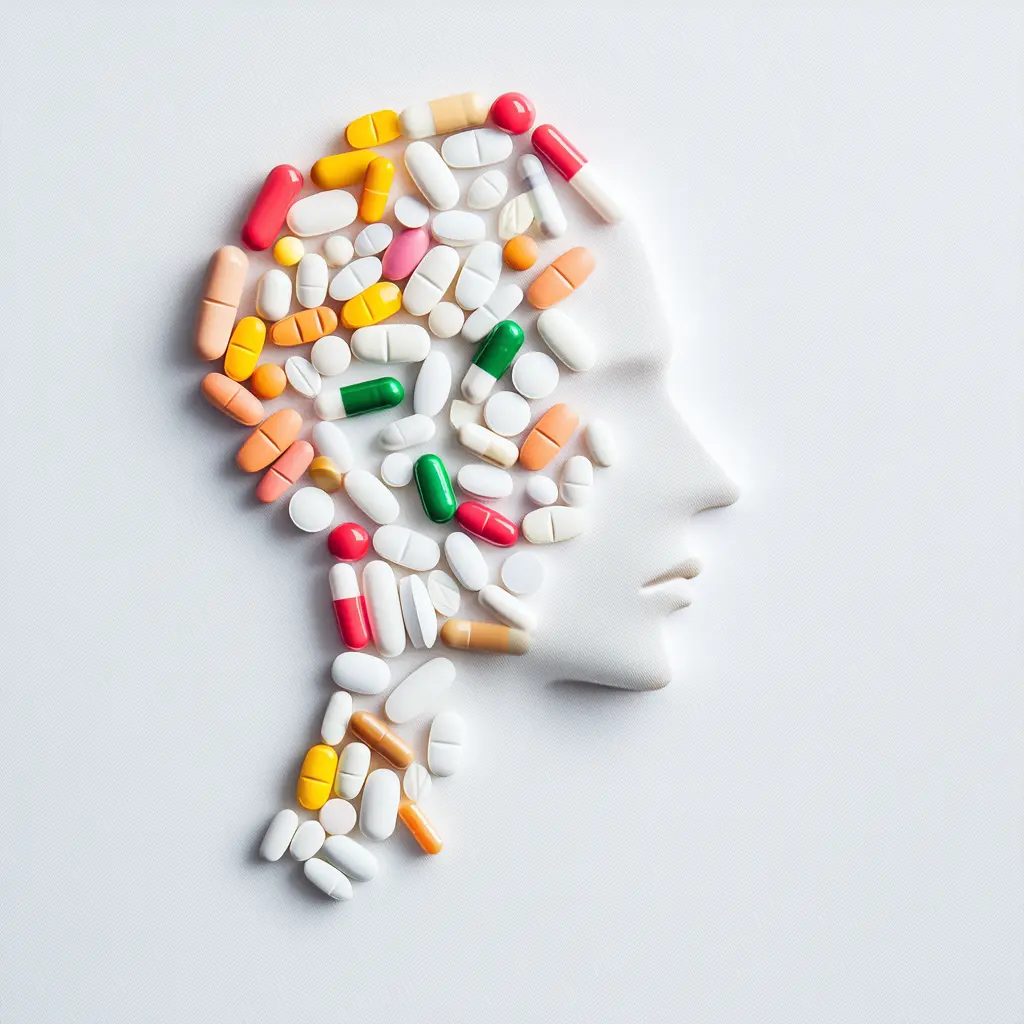 Abstract representation of a human face made from various pills and tablets, symbolizing medication and mental health.