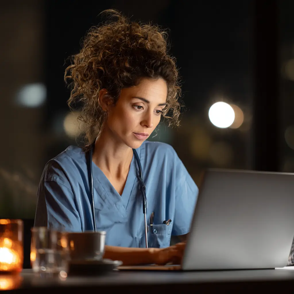 Female nurse in scrubs working late on a laptop with stethoscope around her neck