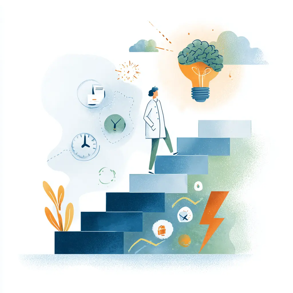 An illustration of a person in a white coat walking up a set of stairs. Above them is a lightbulb with a brain inside, symbolizing innovation or insight. The background includes clocks, plants, and abstract symbols, conveying a sense of progress and thought.