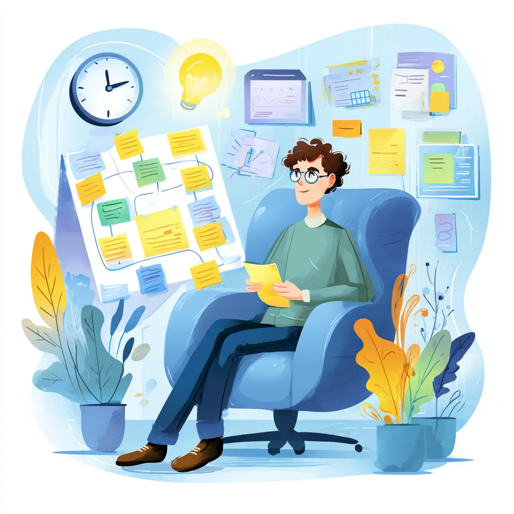 The image features a person sitting in a comfortable chair, surrounded by sticky notes and colorful papers on the walls and a flowchart in front of them. The person appears engaged and thoughtful, holding a yellow piece of paper. The workspace has a modern and organized aesthetic with plants in pots, and a clock and lightbulb add to the bright atmosphere of the scene. The overall style is clean and contemporary with soft, pastel colors.