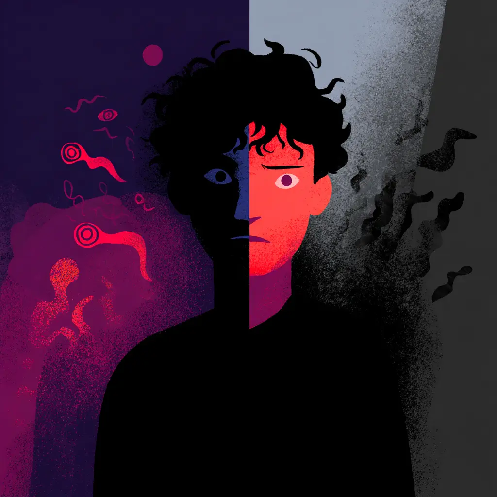 A metaphorical illustration of a person divided into two halves, one side showing a distressed expression with swirling red and purple abstract shapes, and the other half appearing calm with a neutral background. The image represents inner conflict, mental turmoil, or contrasting emotional states.