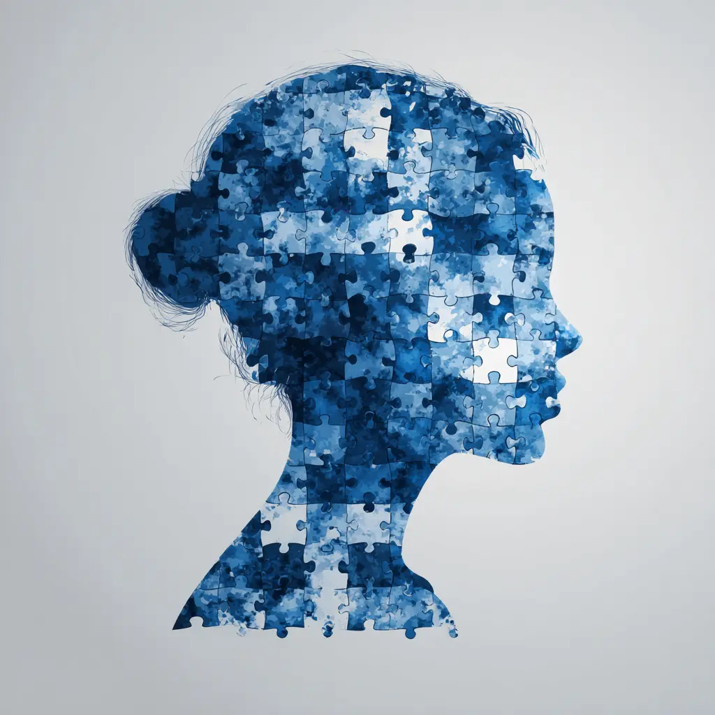 A puzzle piece silhouette of a woman representing autism spectrum disorder.
