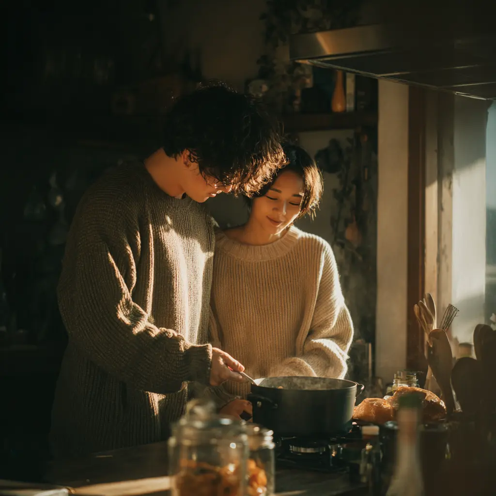 Middle-aged couple sitting closely with serious expressions, offering comfort and emotional support in a dimly lit room.