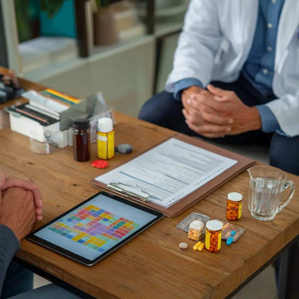 Doctor and patient discussing medication and treatment plan at a wooden desk with prescription bottles and a tablet