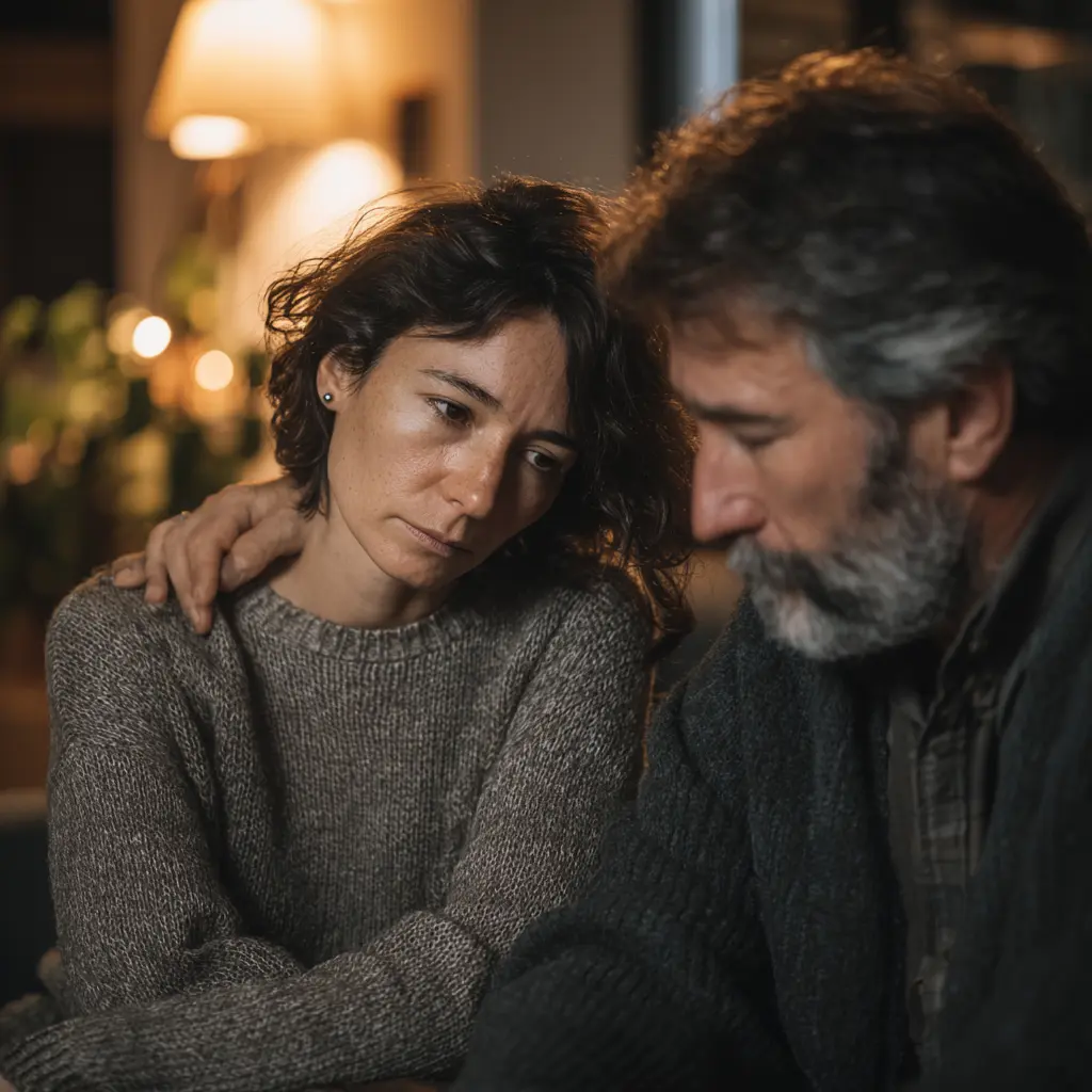 Middle-aged couple sitting closely with serious expressions, offering comfort and emotional support in a dimly lit room.