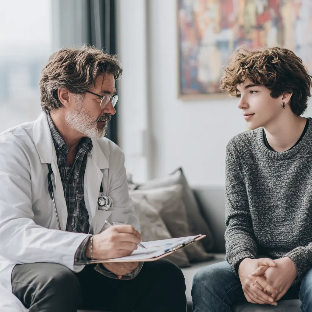 Experienced doctor consulting with a teenage patient during a medical appointment in a modern clinic