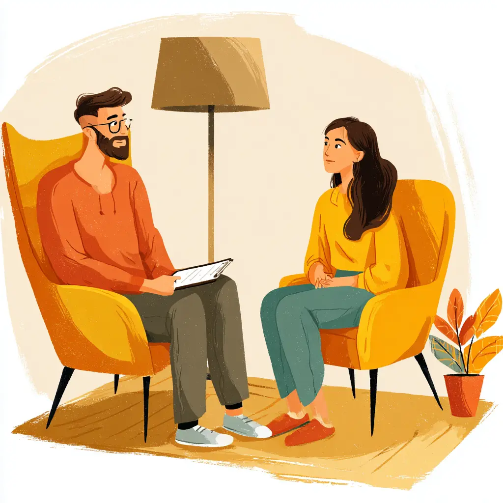 Illustration of a psychologist and a patient in a therapy session, sitting in comfortable chairs and engaged in conversation, symbolizing mental health support and counseling.