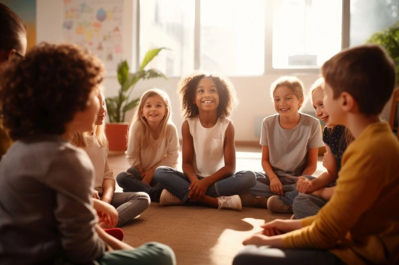 A group of children sitting in a circle, smiling and engaging with each other in a positive, supportive environment. A child behavioral therapist can help create safe spaces like this for children to develop social skills and emotional intelligence.