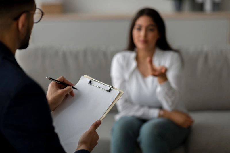 A woman speaking during a therapy session, while a therapist listens attentively and takes notes. This image represents interpersonal therapy, where the focus is on improving communication and relationships to manage emotional challenges
