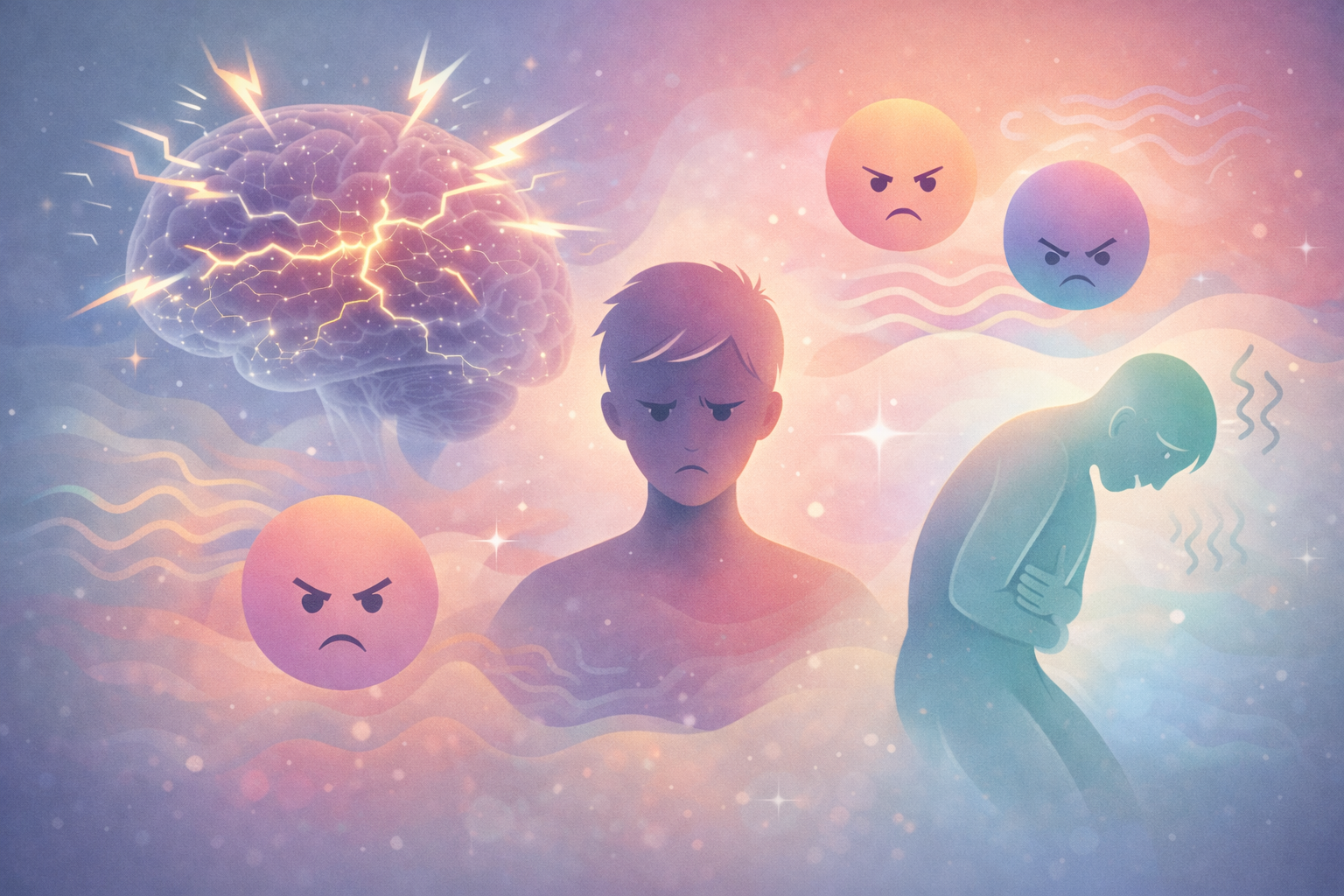 Abstract illustration of Cymbalta withdrawal symptoms: a glowing brain with lightning-like “brain zaps,” a central figure with a sad expression symbolizing mood swings, and a hunched figure holding their stomach to represent nausea. Soft pastel gradients of blue, pink, and purple create a calming yet emotional atmosphere highlighting mental and physical health challenges.