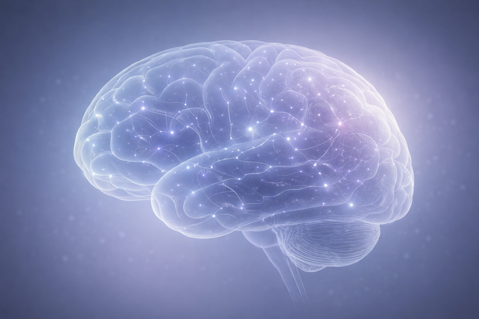 A translucent, side-view illustration of a human brain glowing in soft blue tones. Fine, light-like connections and small bright nodes are visible throughout the brain, suggesting neural activity. The background is a smooth gradient of blue, giving the image a clean, scientific, and abstract appearance.