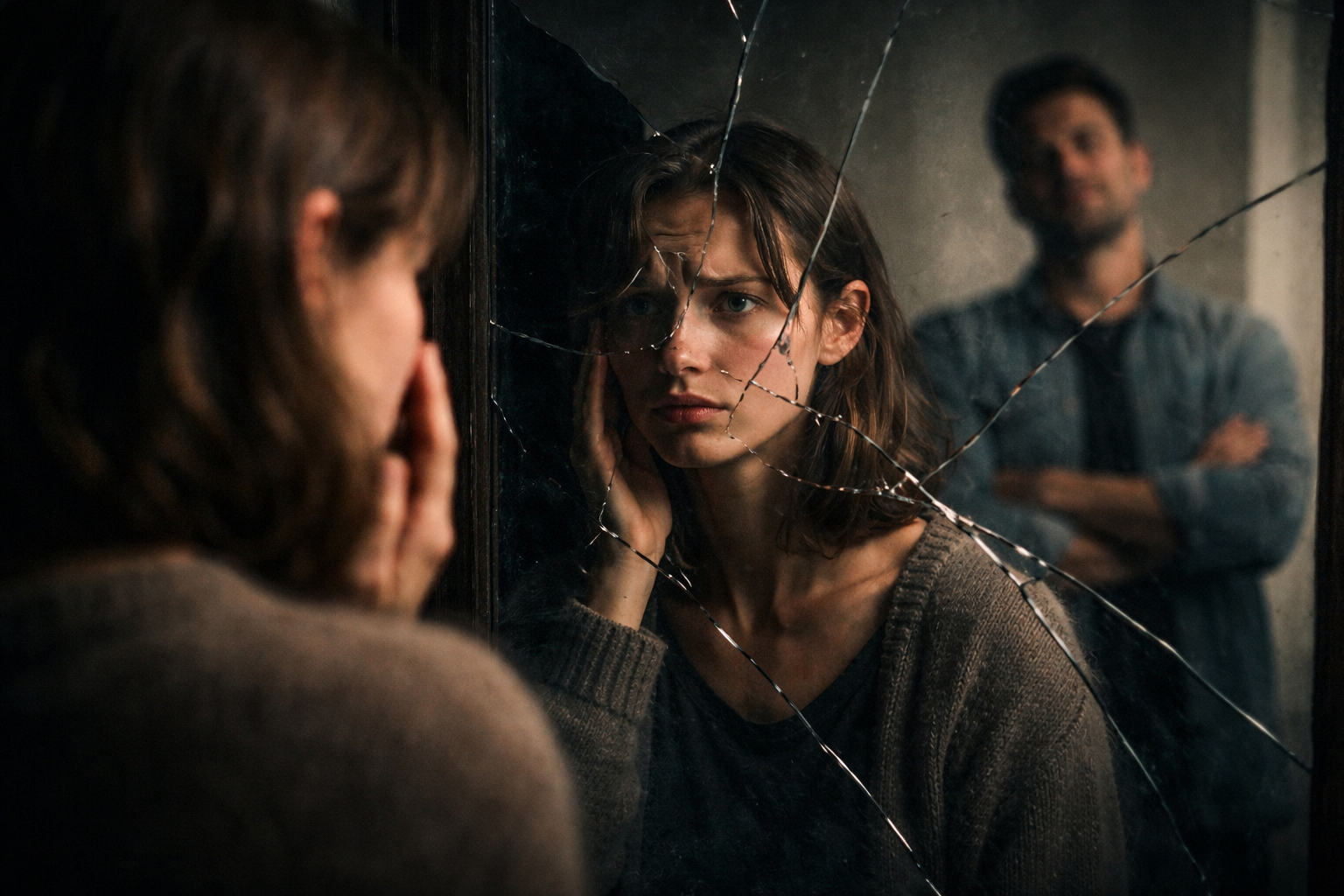 A young woman looks into a cracked mirror, her reflection fractured and distorted, while a blurred figure of a man stands confidently behind her. Dramatic lighting and shadows emphasize emotional manipulation and gaslighting, capturing a tense, symbolic moment.