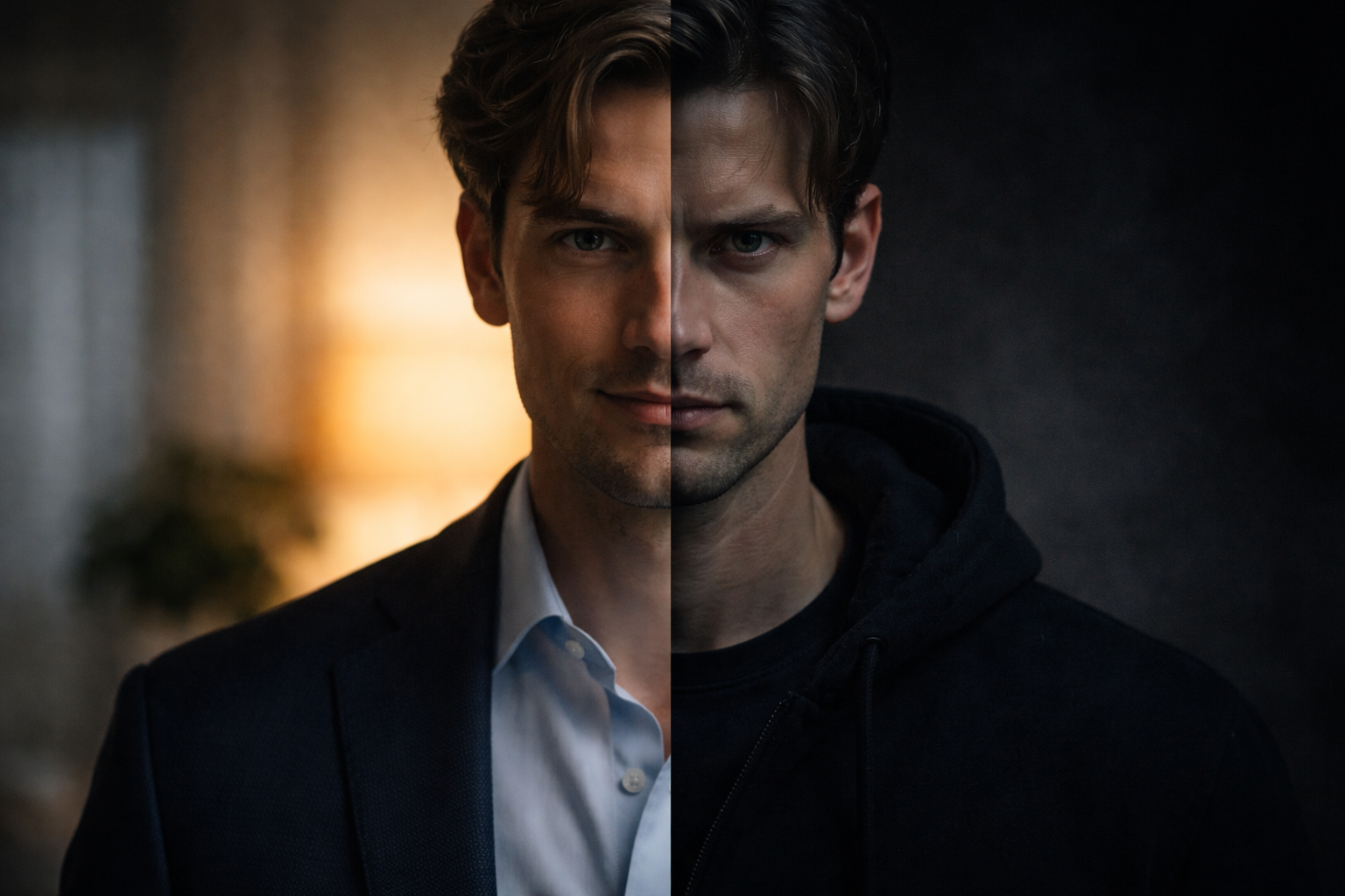 A conceptual split-image portrait of a man: the left side shows him calm, charming, and well-dressed in soft, warm lighting, while the right side is dark, shadowed, and emotionally cold. The cinematic lighting and ultra-realistic editorial style emphasize the contrast, symbolizing differences between sociopath and psychopath traits.
