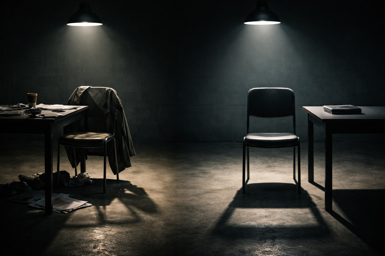 A dimly lit interrogation room with two small tables facing each other under separate hanging lamps. On the left table are scattered papers, a coffee cup, and a jacket draped over the chair, with clothes and documents on the floor beneath. On the right side, a single empty chair sits neatly at a bare table with a closed folder on top. Strong overhead lighting casts deep shadows on the concrete floor and dark walls.