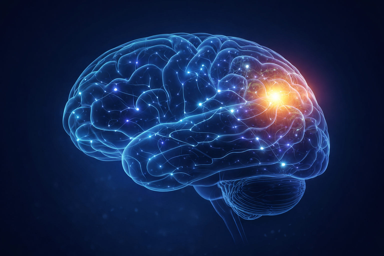 A detailed digital illustration of a human brain shown in profile against a dark blue background. The brain is semi-transparent with glowing blue neural pathways and small light points connected throughout. A bright orange-yellow area is highlighted on one side, suggesting focused activity or stimulation in that region.
