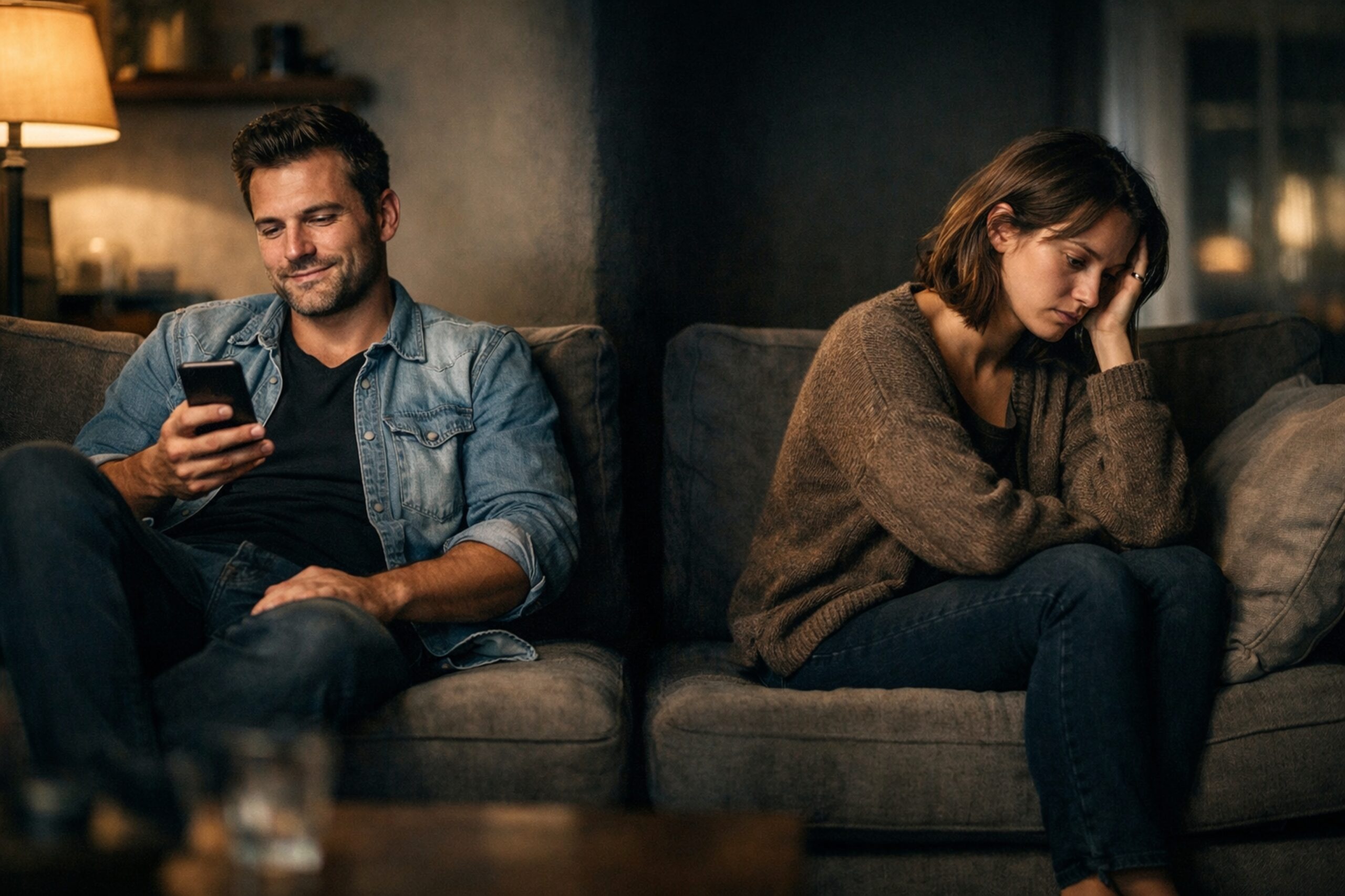 A couple sitting on opposite ends of a couch in a dimly lit living room, with the man confidently smirking at his phone while the woman looks emotionally drained and distant, separated by shadows symbolizing relationship imbalance.