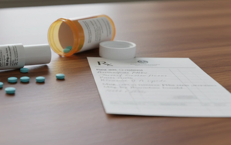 A prescription bottle with Spravato nasal spray and a few blue tablets spilled out beside a prescription pad. The image illustrates the contrast between traditional oral medications and the innovative Spravato experience