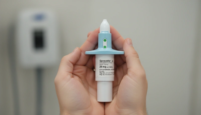 Close-up of a hand holding the Spravato nasal spray device, showing the label and dosage instructions. The image symbolizes the beginning of the Spravato experience, with the device clearly visible against a neutral background.