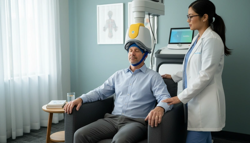 a patient at a tms treatment session